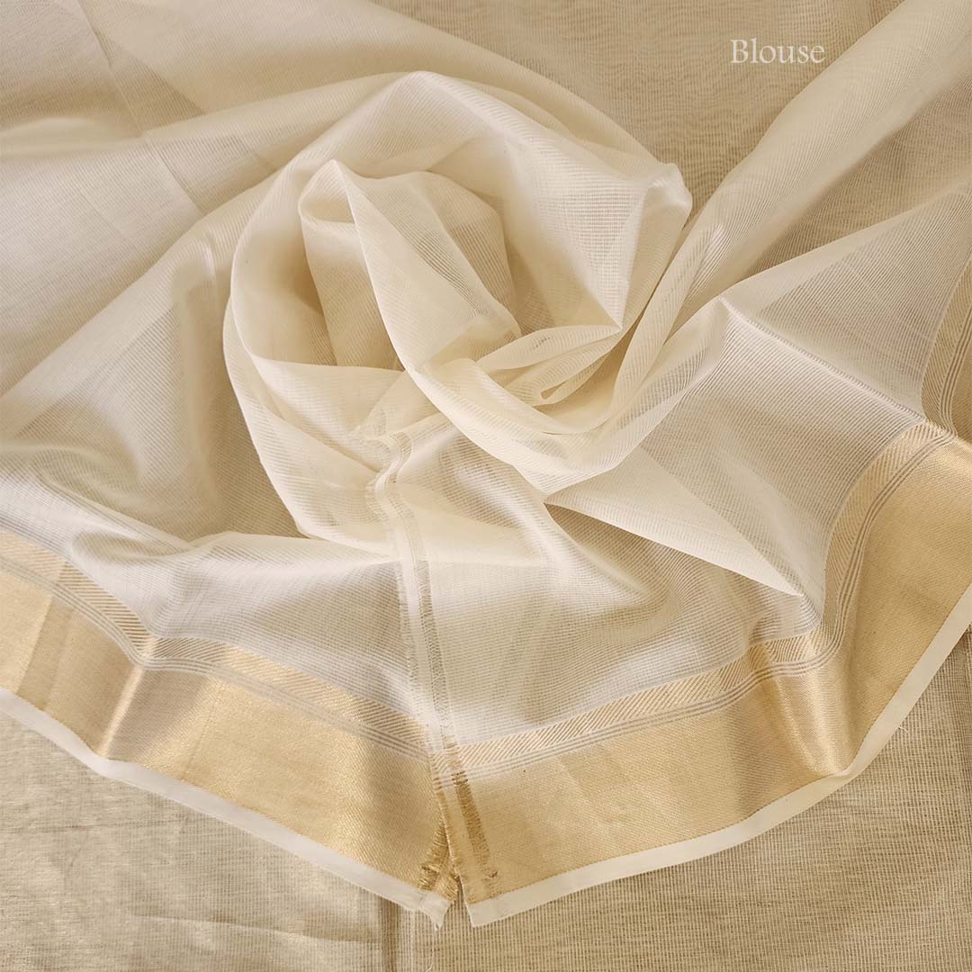 Off White Self Checks Maheshwari Saree - Image 2